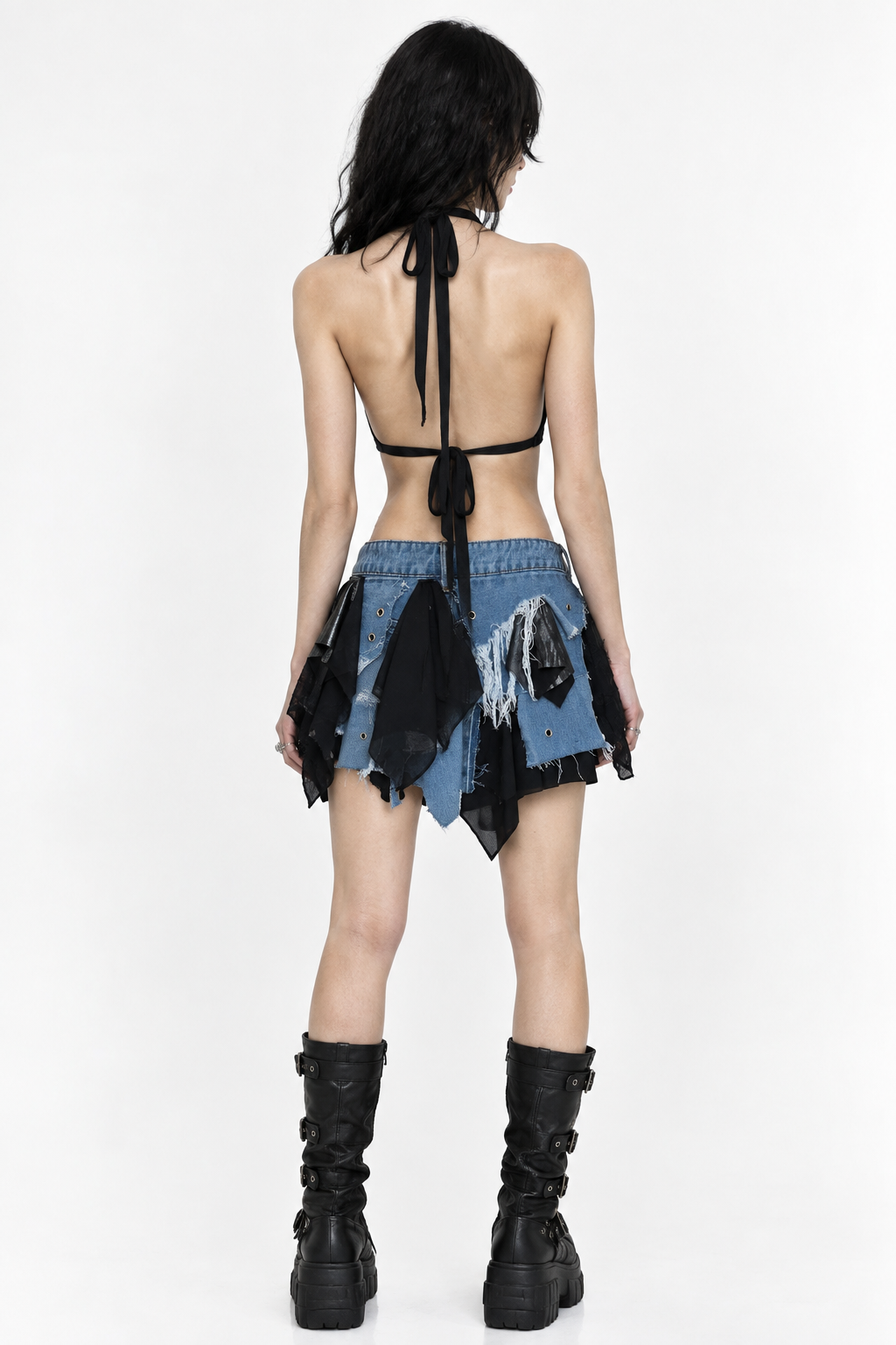 Conjunto Riot Doll con top denim y falda corta vista frontal - Urania Club