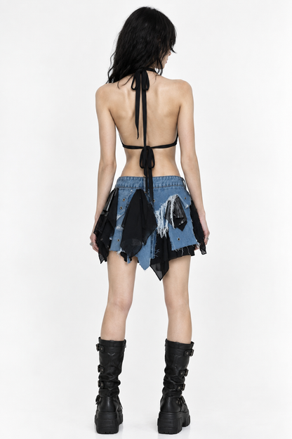 Conjunto Riot Doll con top denim y falda corta vista frontal - Urania Club