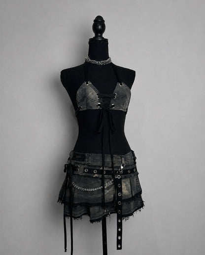 Conjunto Static de top y falda denim confeccionado a medida - Urania Club