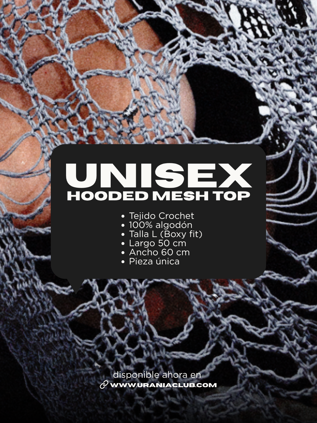 Hooded mesh top unisex gris de algodón premium con fit boxy, capucha amplia y tejido crochet artesanal - Urania Club