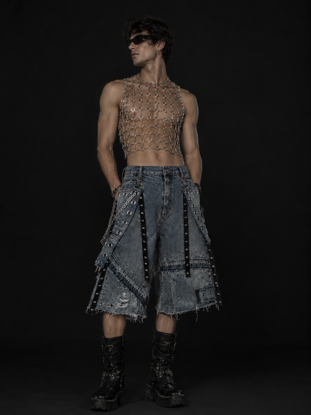 Pantalón Bermuda Vandal de denim intervenido con cadenas, ojillos y tiras laterales urania club