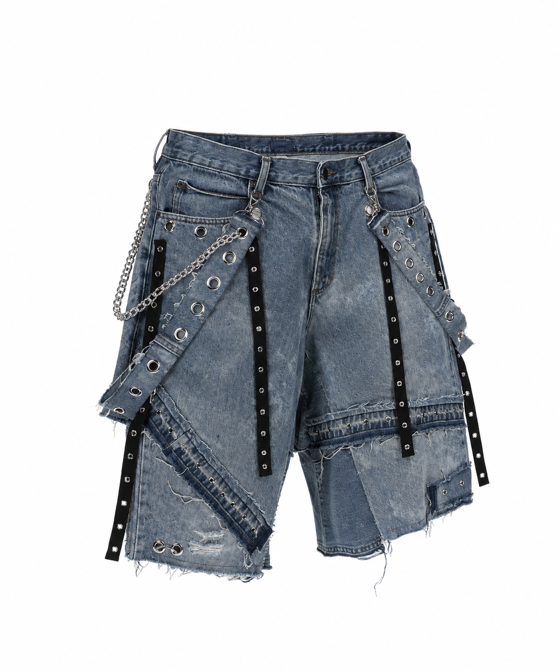 Pantalón Bermuda Vandal de denim con ojillos metálicos, cadenas y tiras decorativas urania club