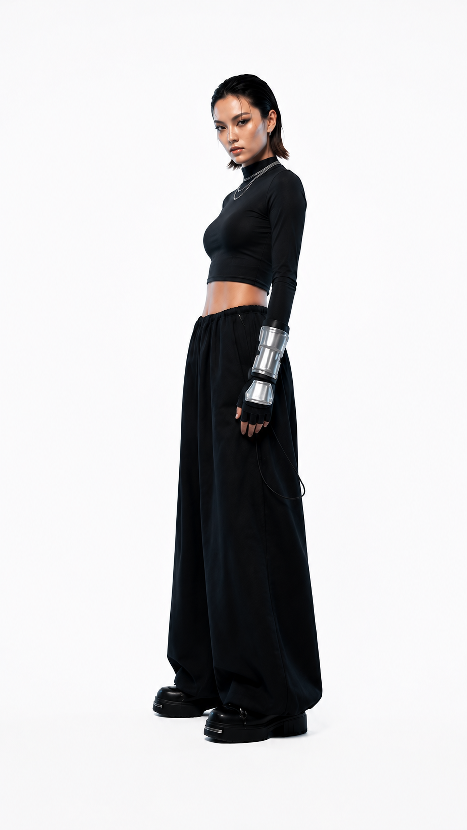 Vista trasera de pantalón oversized negro confeccionado en tela Bristech con caída amplia y ajuste elasticado - Urania Club