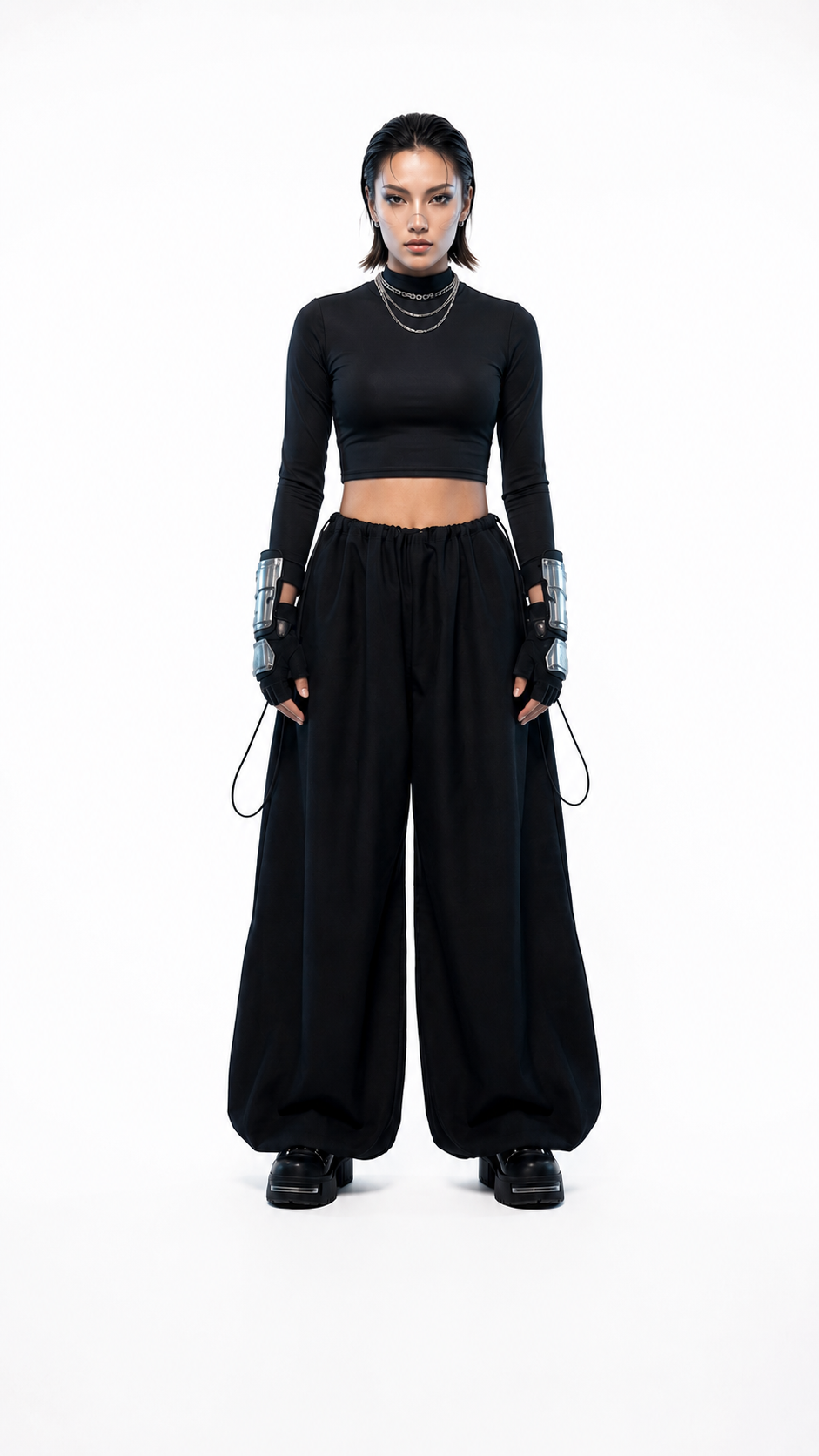 Pantalón oversized negro de inspiración techwear con tela Bristech, ajuste regulable y diseño artesanal - Urania Club