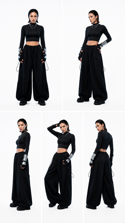 Pantalón oversized techwear negro con silueta amplia, cintura ajustable y tela Bristech resistente - Urania Club