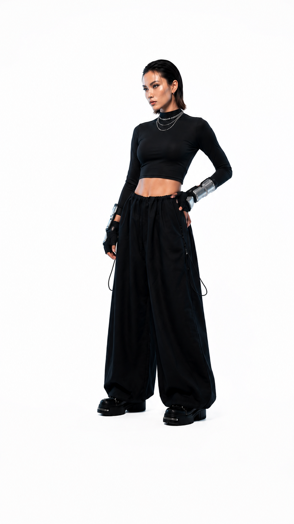 Pantalón wide leg negro de tela Bristech con diseño oversized y ajuste adaptable desde XXS hasta XXXL - Urania Club