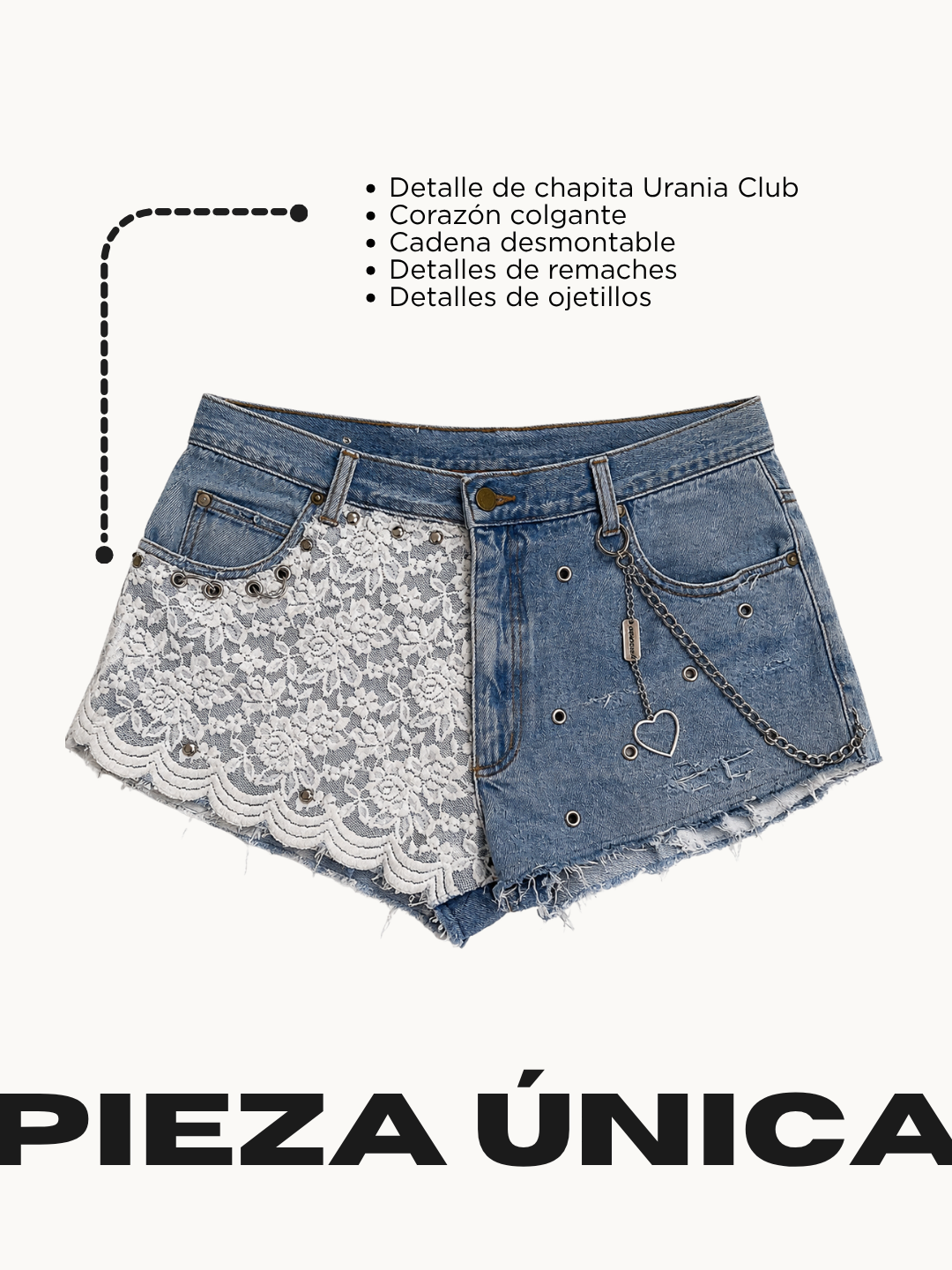 Detalle posterior de short de mezclilla reciclada con bolsillo de encaje blanco, ojetillos metálicos y placa Urania Club - Urania Club